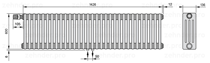 Схема (чертеж) Радиатор Zehnder Charleston 4060/31 №V007 Белый глянцевый RAL 9016